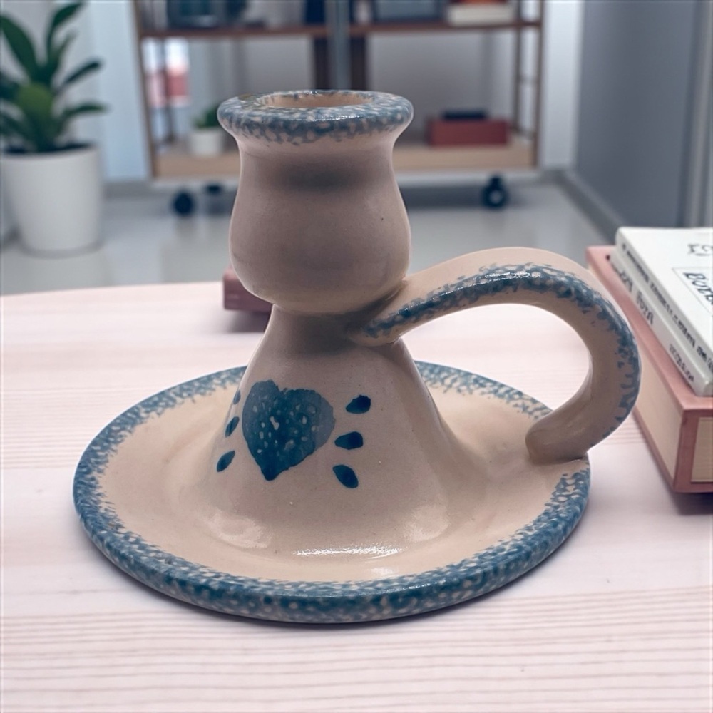 VTG Hermitage Pottery Country Kitchen Candleholder Heart & Spongewear 3.75” Tall